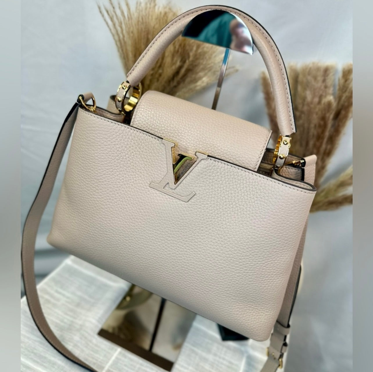 Louis Vuitton Galet Gray Taurillon Leather Capucines MM Bag