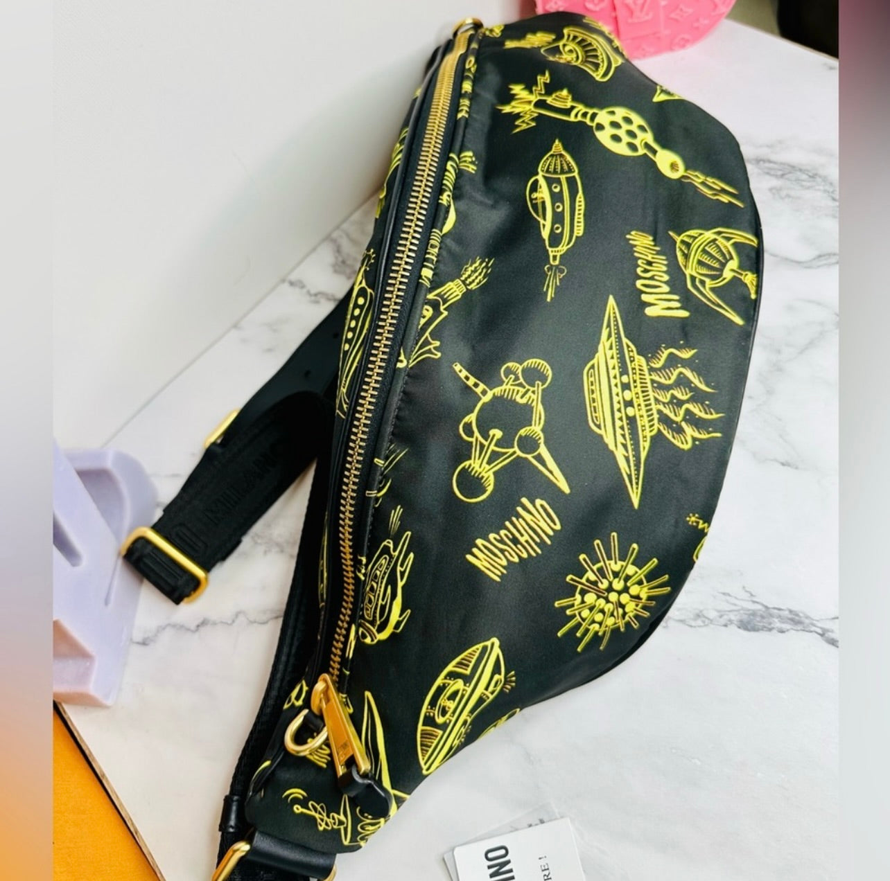 NEW! Moschino Black Nylon w/ Yellow Spaceship Print Oversized Belt Bag
