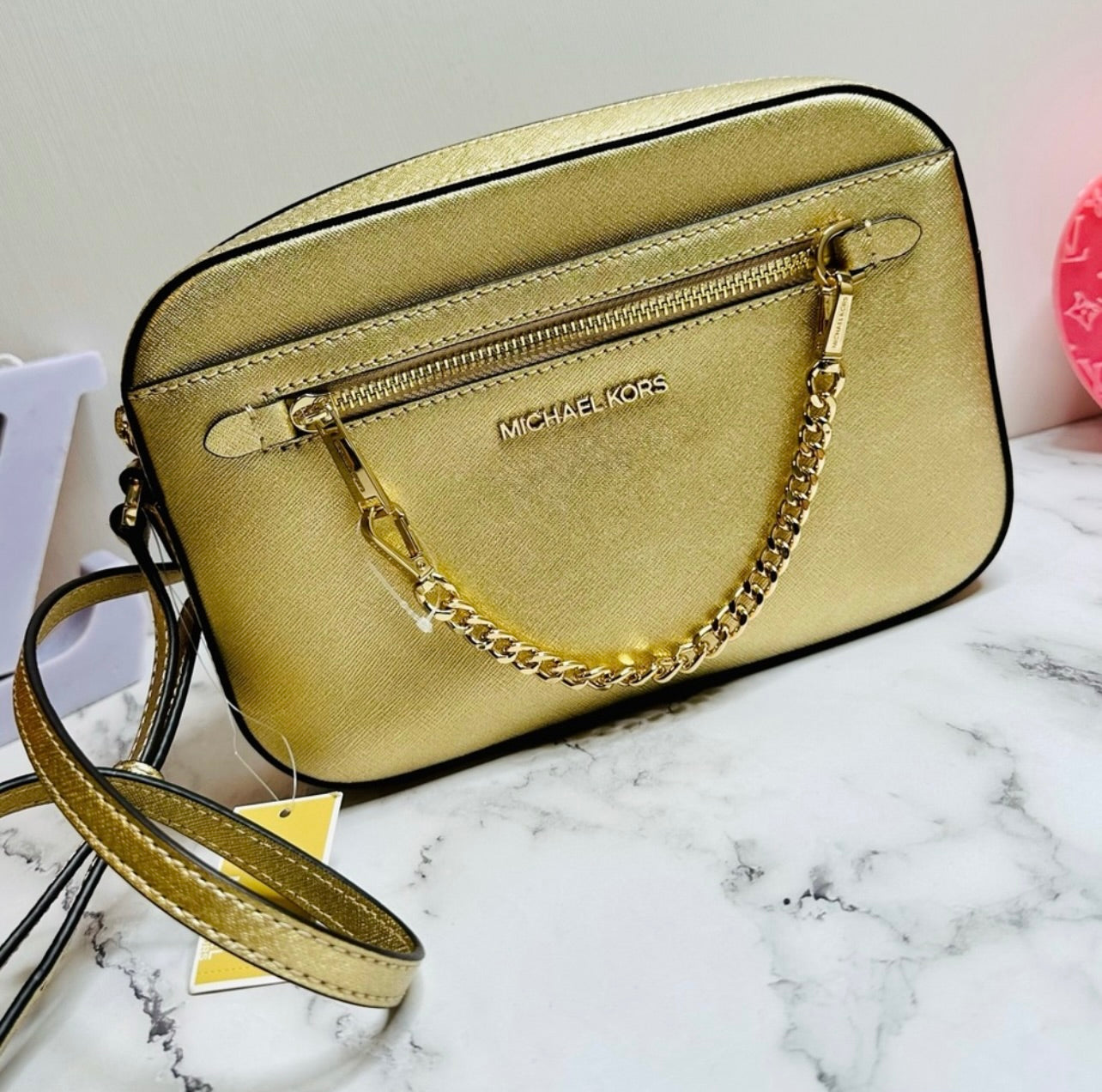 New Michael Kors Jet Set Large Pale Gold Saffiano Leather Crossbody Bag