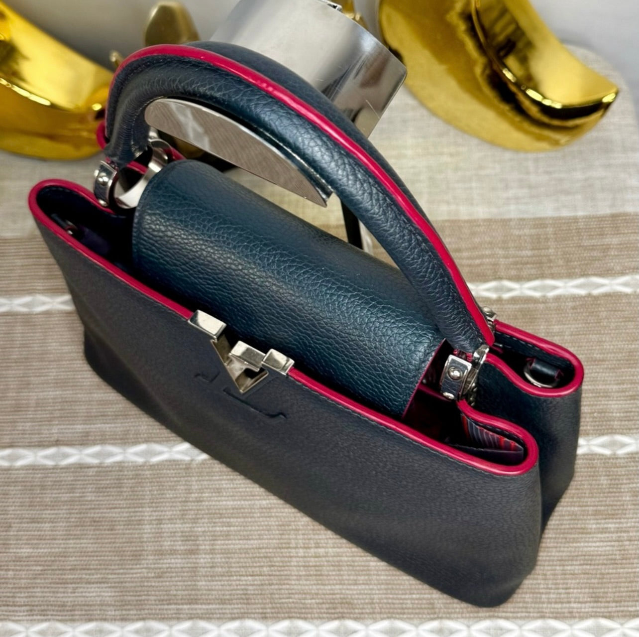 Louis Vuitton Cobalt Blue Taurillon Leather Capucines MM Bag w/ Fuchsia Trim