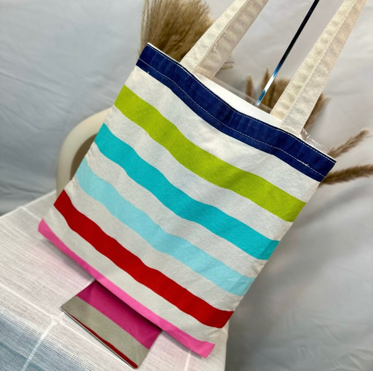 Kate Spade Heavy-duty Multi-Colored Stripes Cream Canvas Book Tote Bag