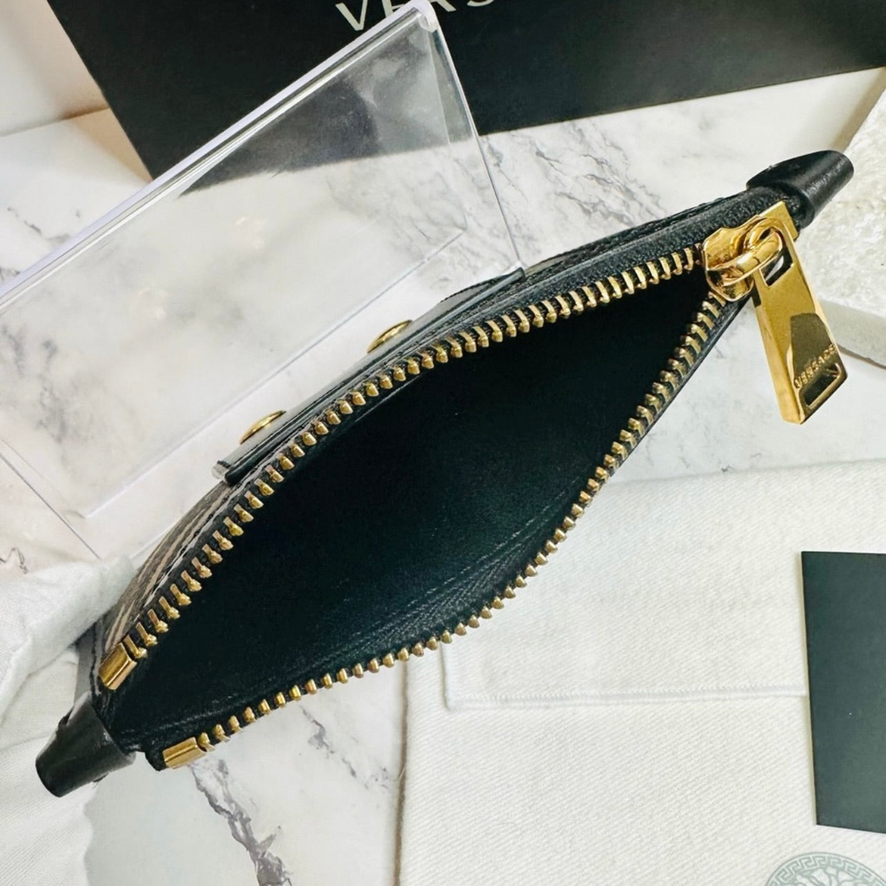 New Versace Khaki/Tan/Black La Greca & Black Leather Signature Modular Pouch