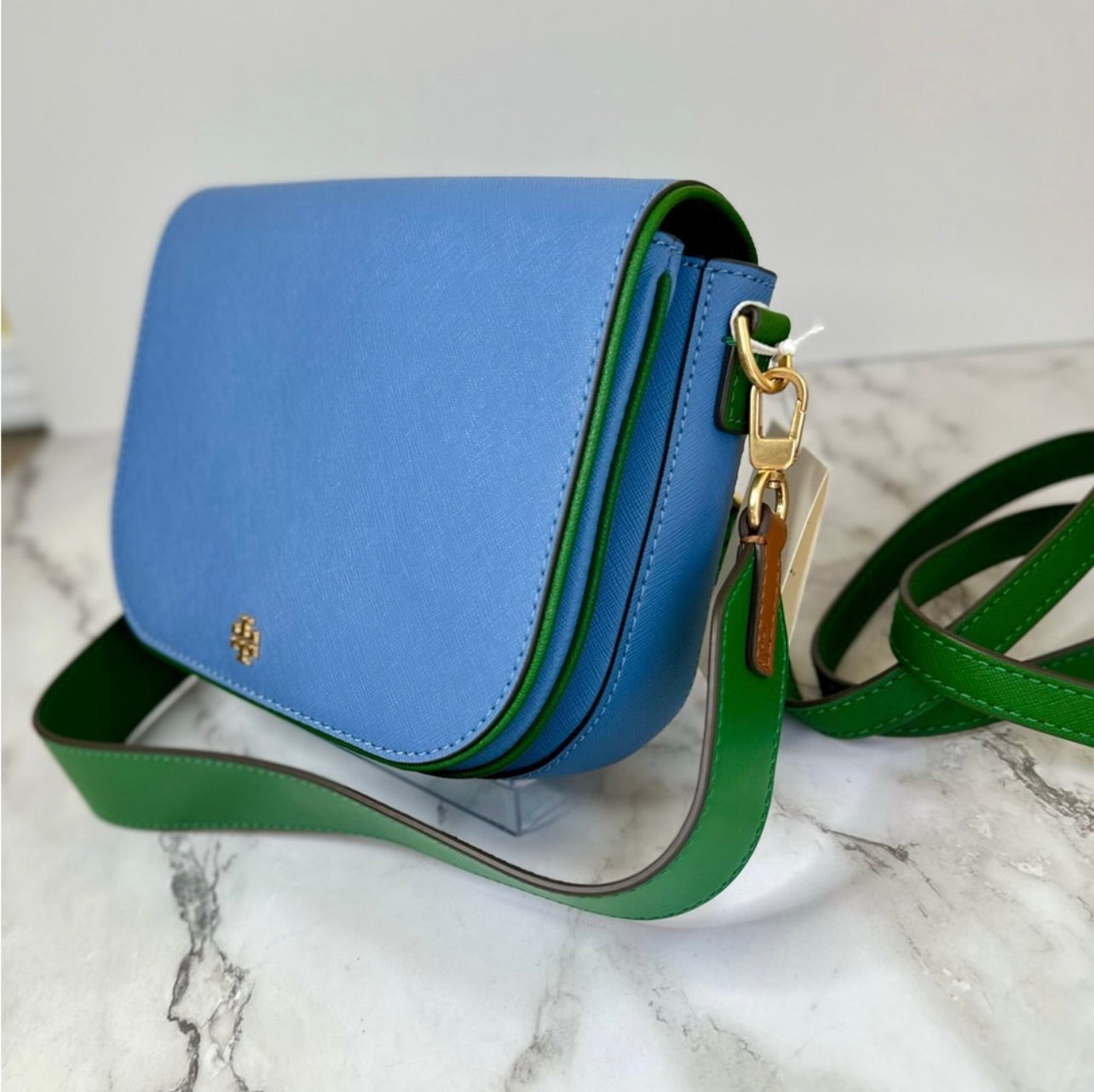 New Tory Burch Bluewood & Arugula Saffiano Leather Emerson Color Block Crossbody Bag