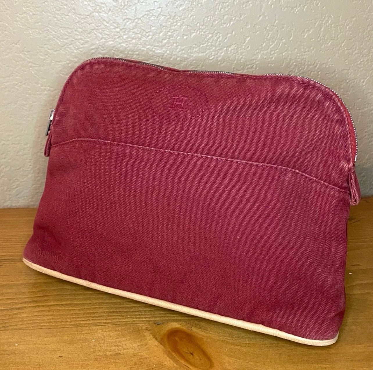 Vintage HERMES Brink Red Canvas & Leather Bolide Cosmetic Pouch Purse MM
