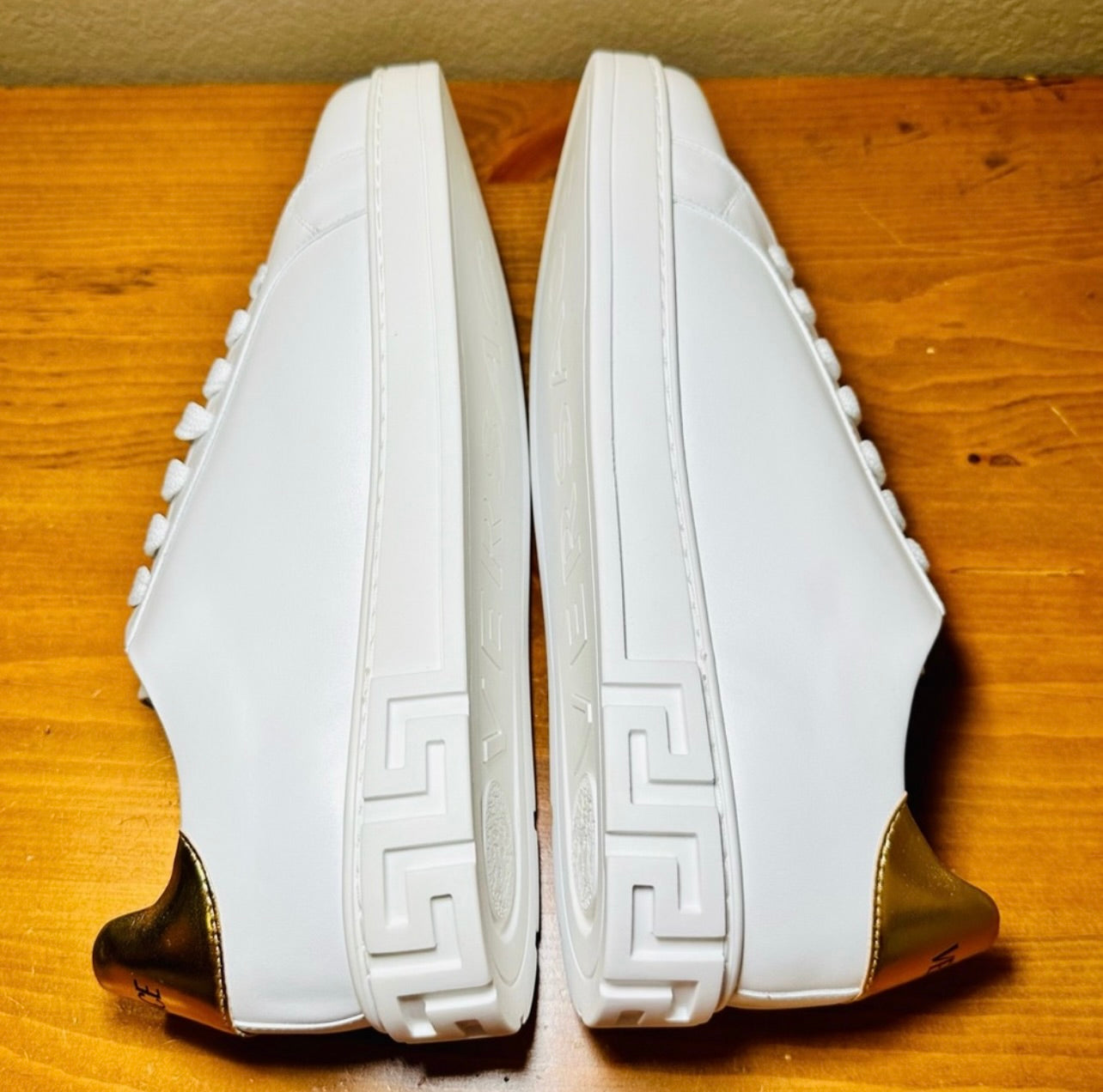 New Unisex Versace Gold & White Leather Athletic Sneakers