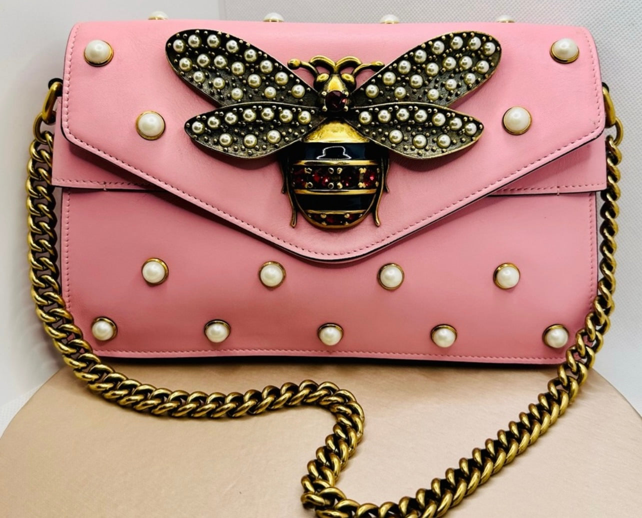 Gucci Sugar Pink Leather Mini Pearl Studded Queen Margaret Broadway Shoulder Bag