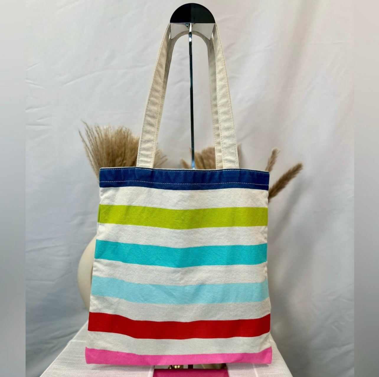 Kate Spade Heavy-duty Multi-Colored Stripes Cream Canvas Book Tote Bag