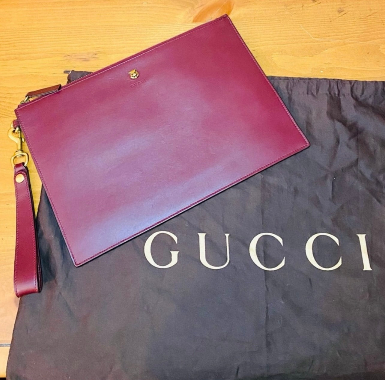 Rare GUCCI Tiger Animalier Bordeaux Leather Oversized Wristlet Clutch
