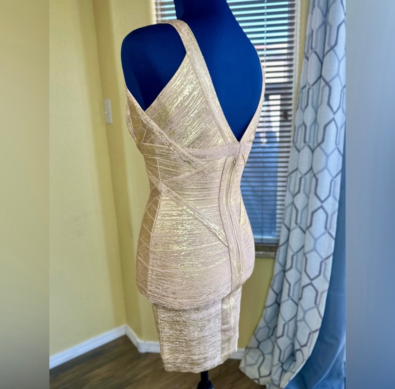Herve Leger Ari Woodgrain Gold Foil-Print Dress
