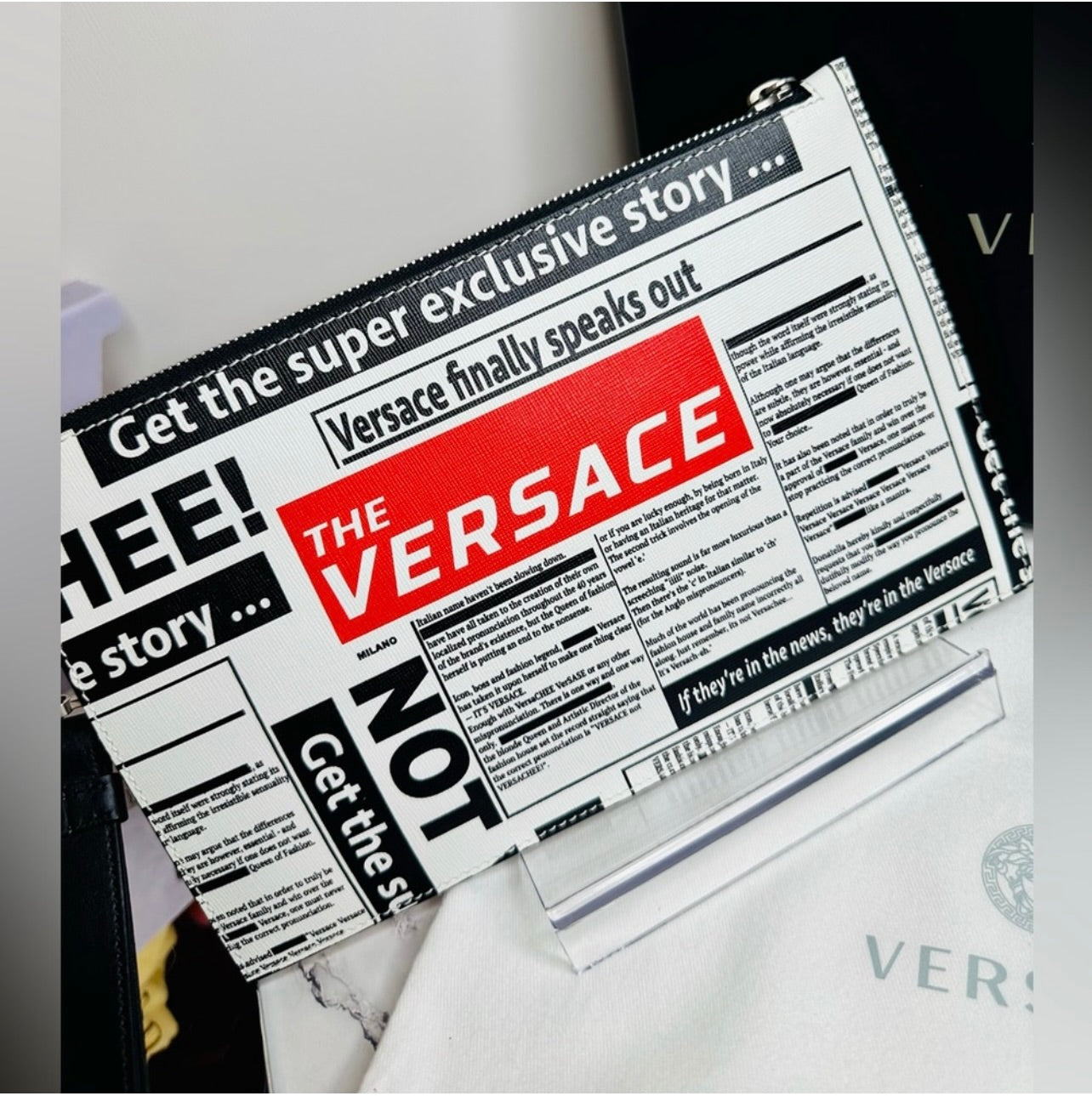 Versace Unisex Tabloid Print Saffiano Leather Wristlet Pouch Bag