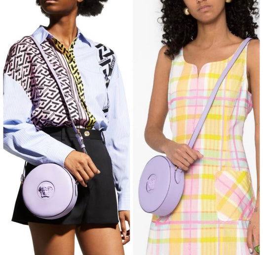 New Versace La Medusa Lilac/Purple Leather Disco Round Crossbody Bag