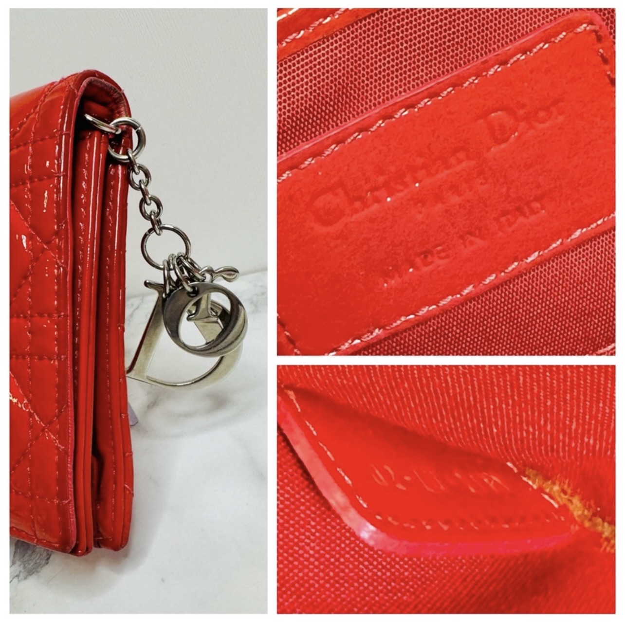 DIOR Coral Red Quilted Cannage Patent Calfskin Leather Lady Dior Chain Clutch