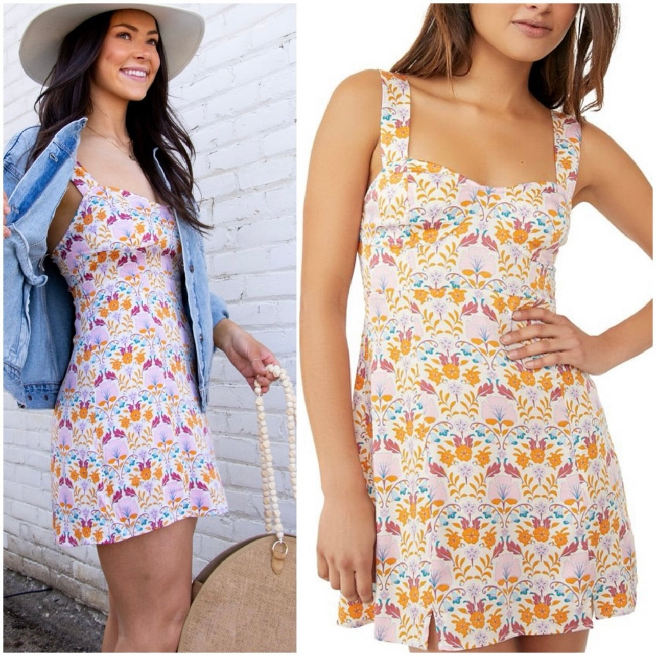New Free People Ivory Floral Print Sasha Sweetheart-Neck Mini Dress