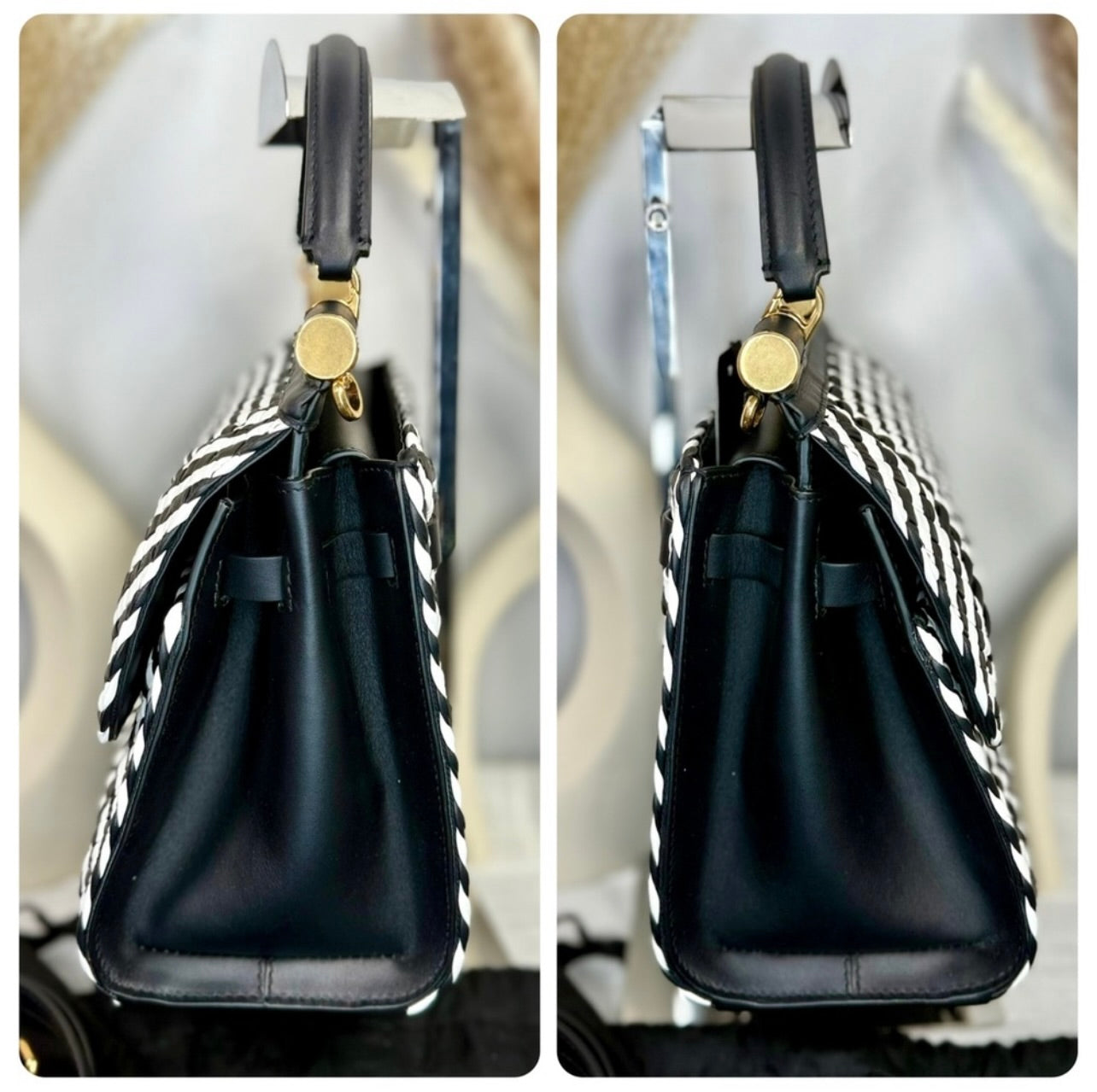 New Dolce & Gabbana Black & White Woven Leather Medium Sicily 58 Bag