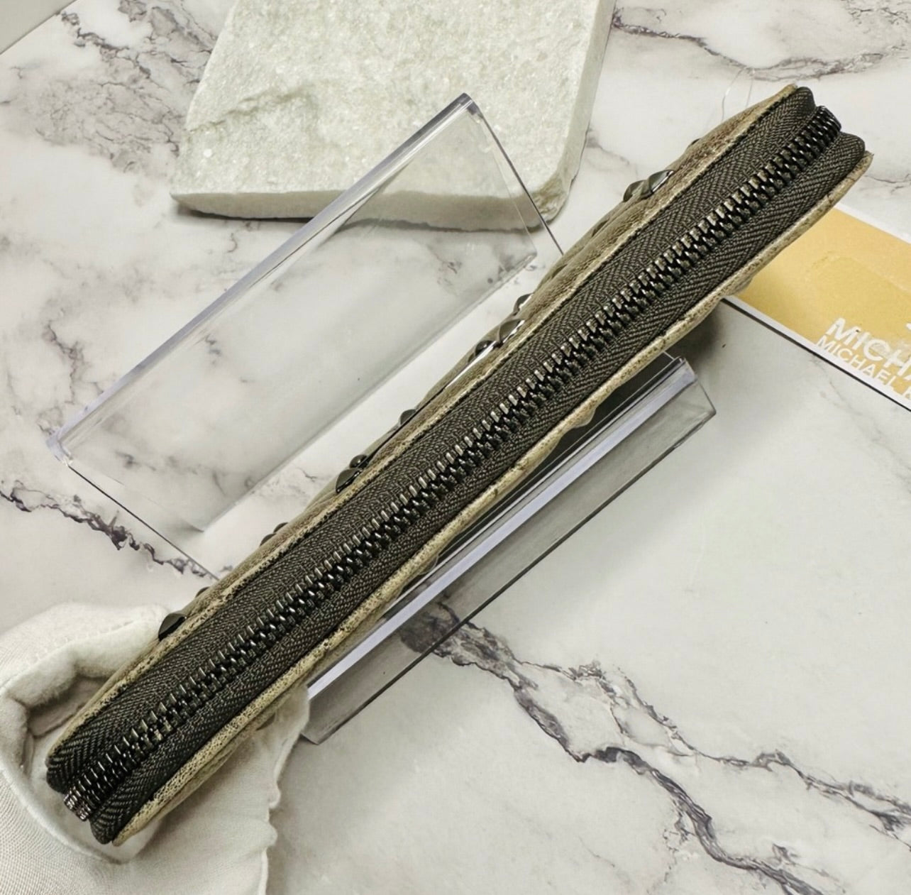 New Michael Kors Distressed Quilted Dark Gray Nickel Leather & Stud Long Wallet