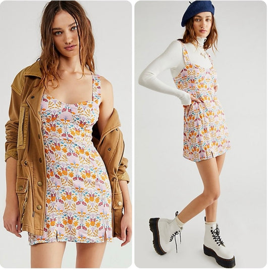 New Free People Ivory Floral Print Sasha Sweetheart-Neck Mini Dress