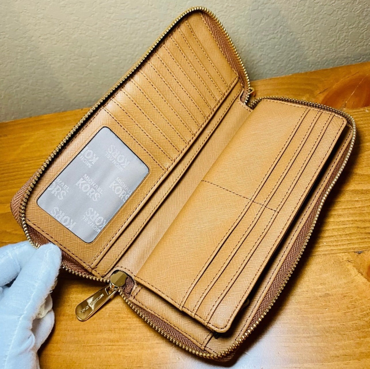 Michael Kors Camel Brown Saffiano Leather Continental Wristlet