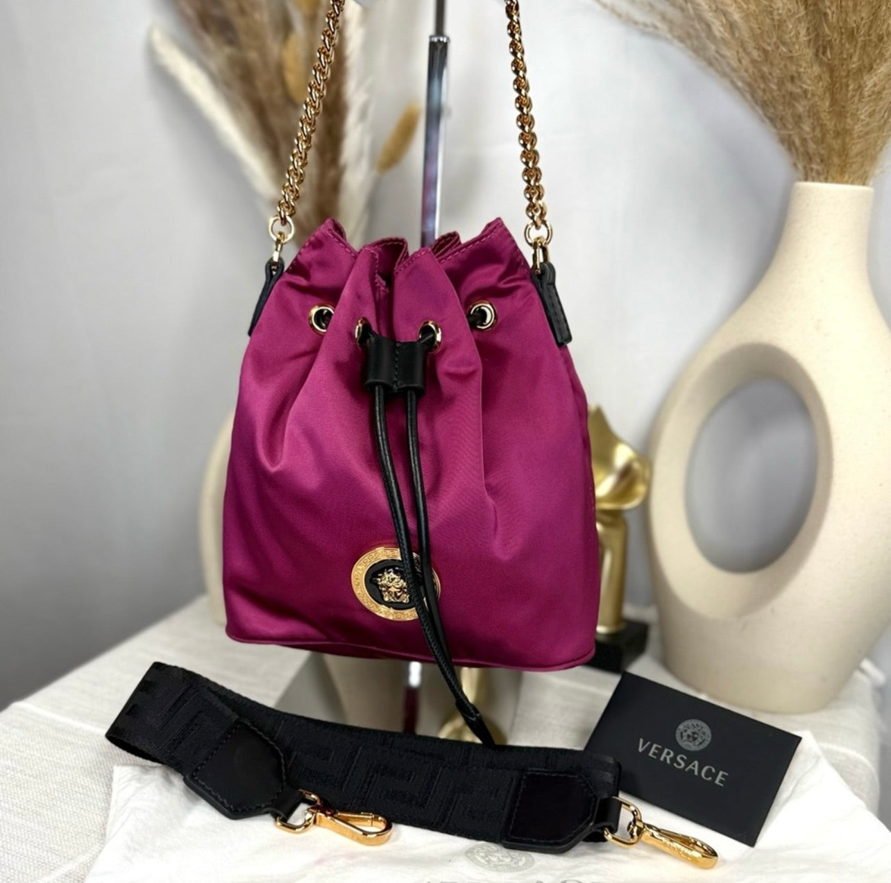 New Versace Deep Fuschia Nylon and Black Leather Drawstring Bucket Bag