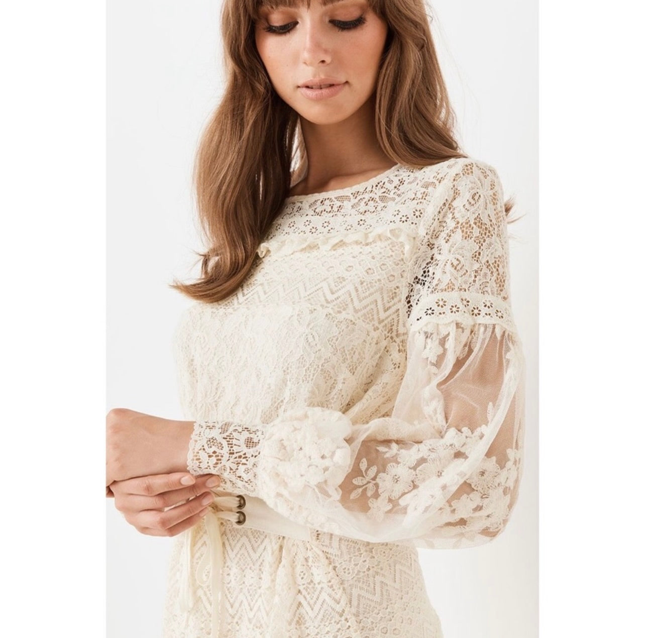 New Spell & the Gypsy Collective Cream Dawn Lace Belted Midi Dress