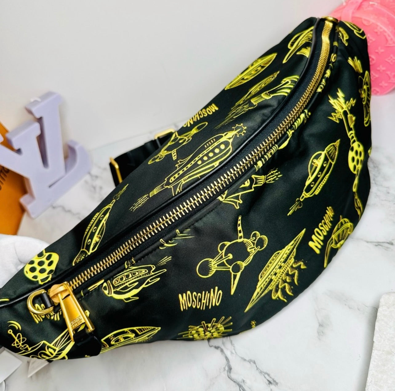 NEW! Moschino Black Nylon w/ Yellow Spaceship Print Oversized Belt Bag