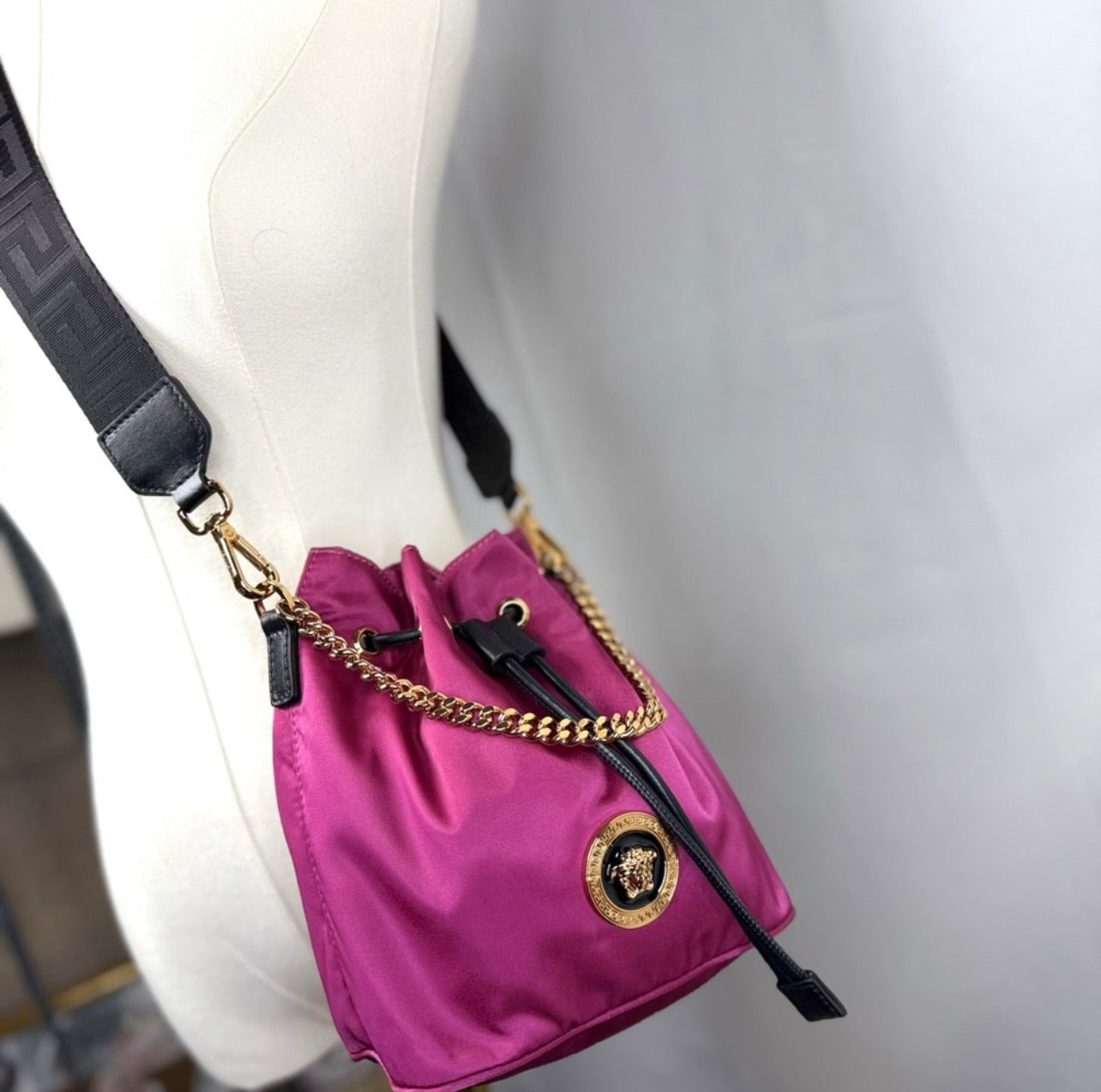New Versace Deep Fuschia Nylon and Black Leather Drawstring Bucket Bag