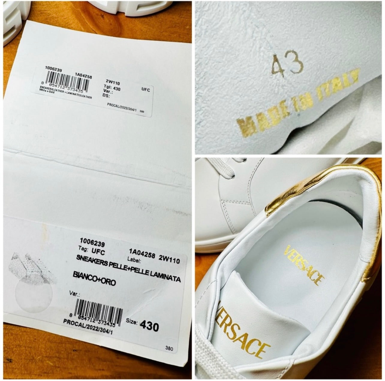 New Unisex Versace Gold & White Leather Athletic Sneakers