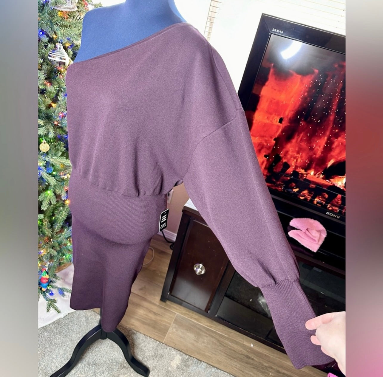 New Express Dark Purple One Shoulder Long Sleeve Mini Sheath Sweater Dress