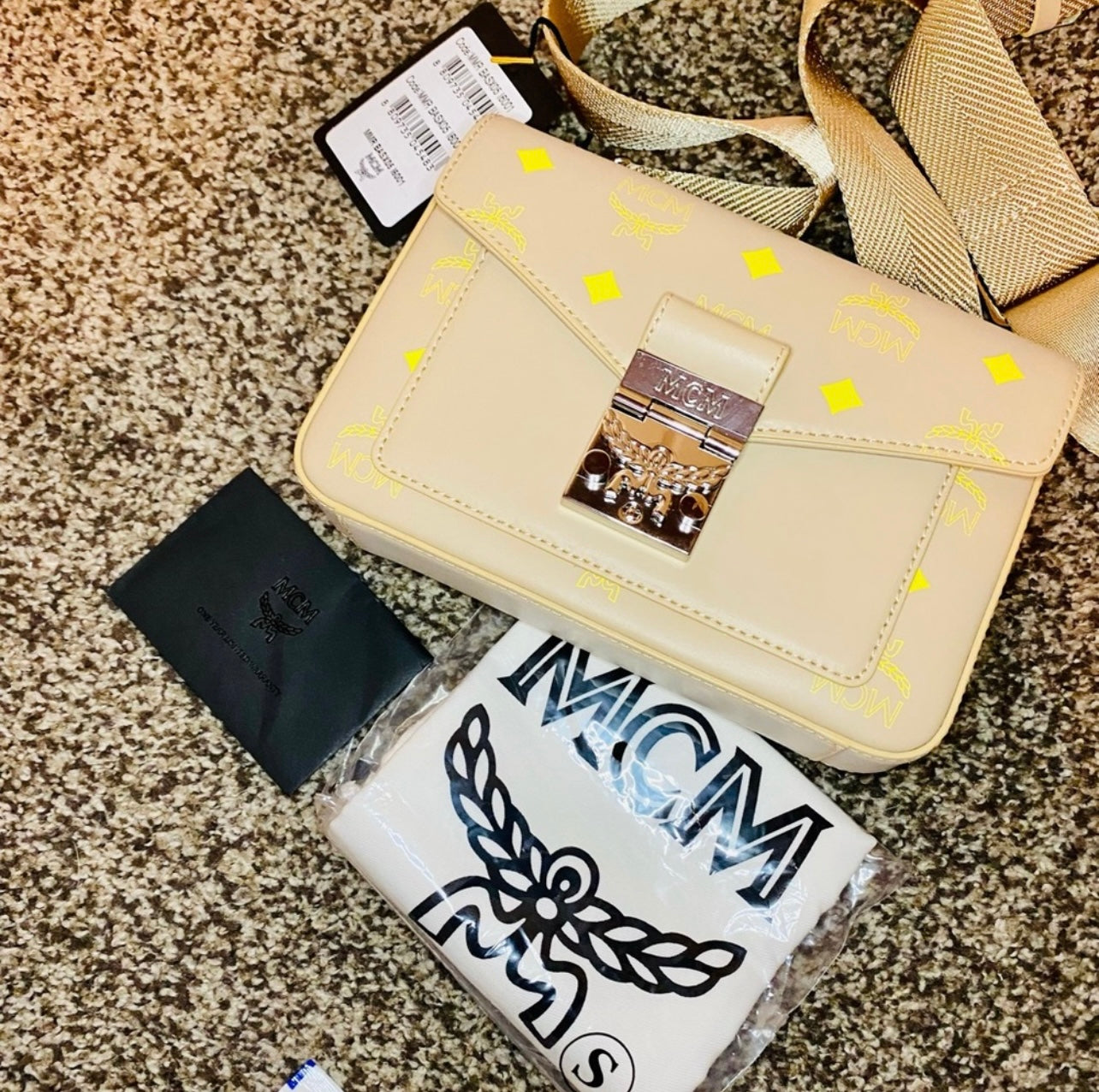New MCM Millie Croissant Yellow Small Color Splash Logo Leather Crossbody Bag