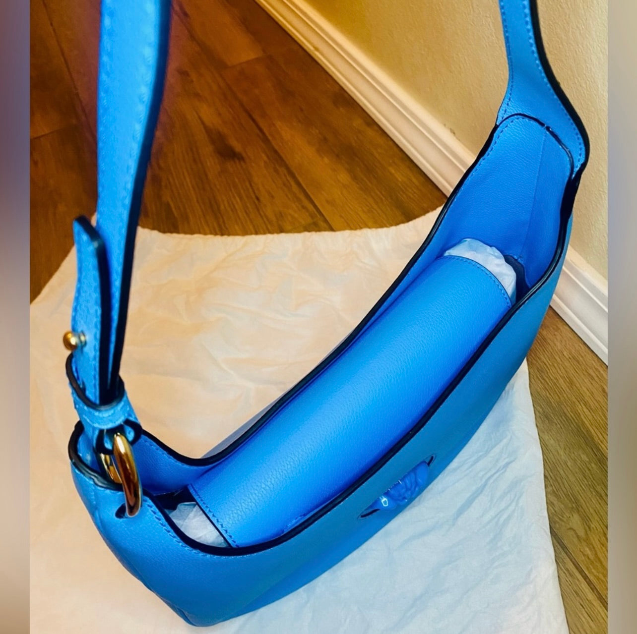 New VERSACE La Medusa Blue Leather Medium Hobo Convertible Strap Bag