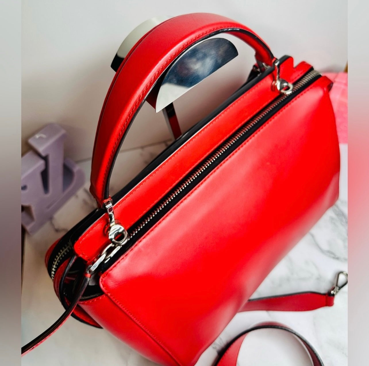 Fendi Medium Red Leather Whipstitch DotCom Convertible Satchel Bag