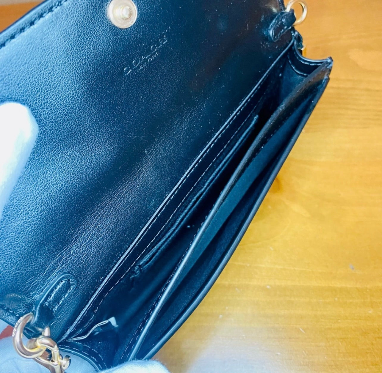New Coach Black Pebbled Leather Foldover Wristlet Clutch w/ Gold & Silver Grommets