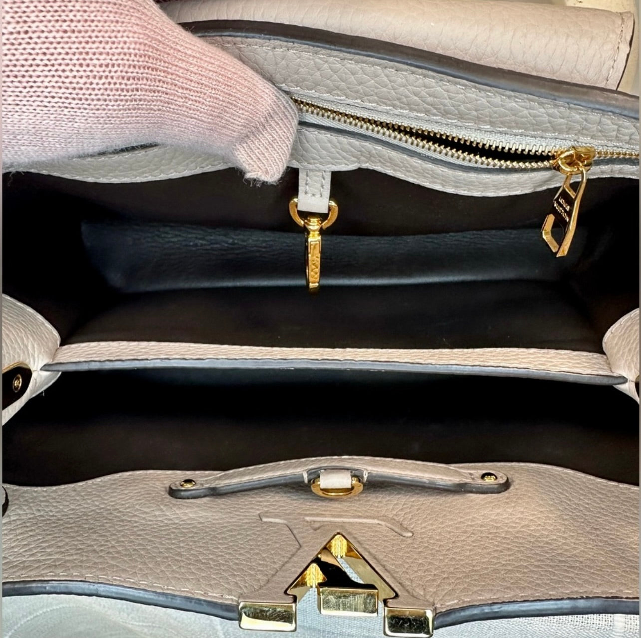 Louis Vuitton Galet Gray Taurillon Leather Capucines MM Bag