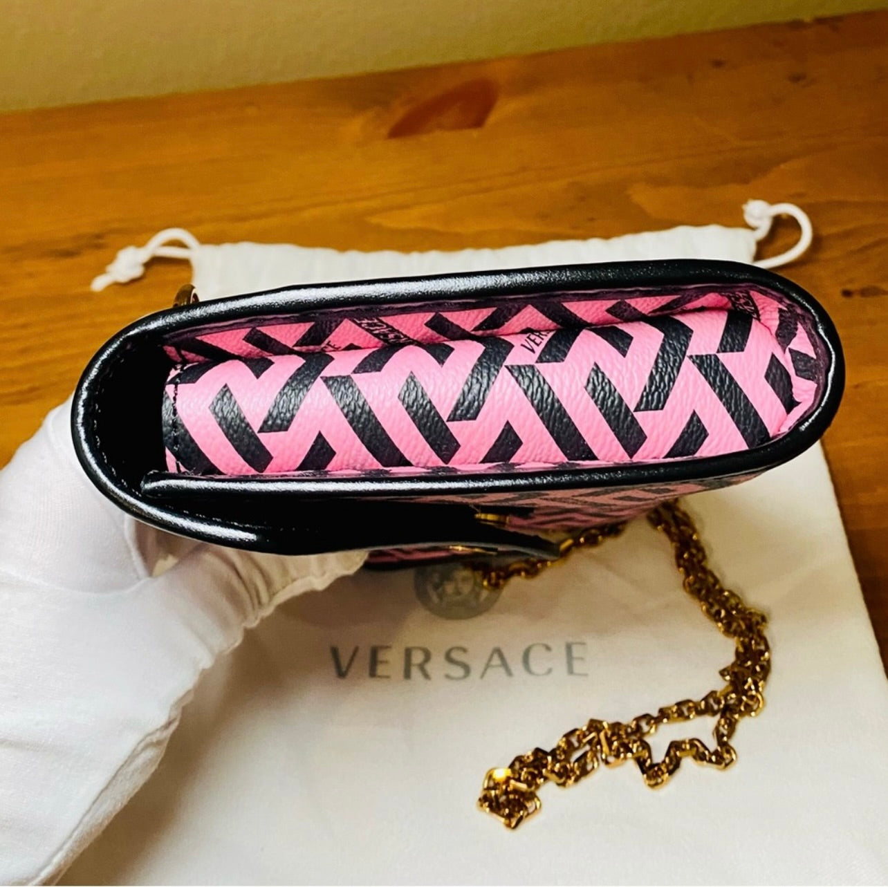 New Versace Pink La Greca Signature Coated Canvas Chain Crossbody Bag