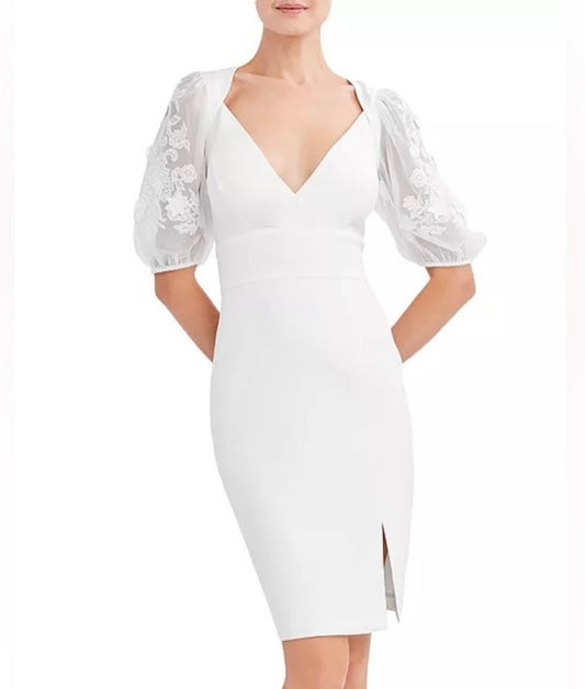 New BCBGMaxAzria Off White Embroidered Sleeve Evening Dress