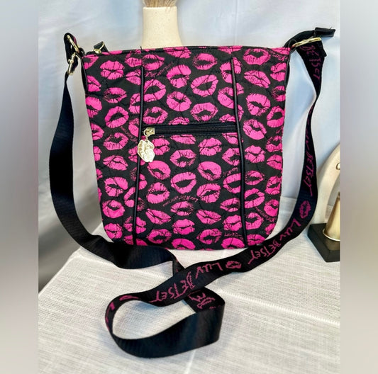 LUV by Betsey Johnson Black w/ Hot Pink Lips Pattern Crossbody Bag