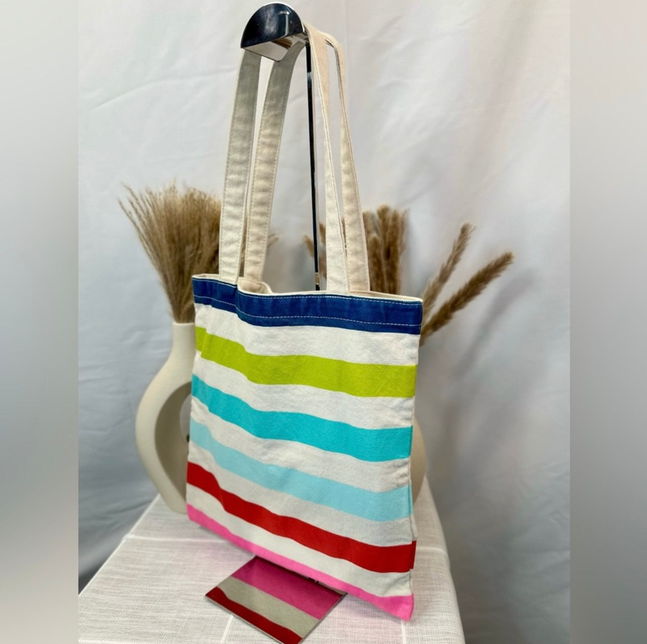 Kate Spade Heavy-duty Multi-Colored Stripes Cream Canvas Book Tote Bag