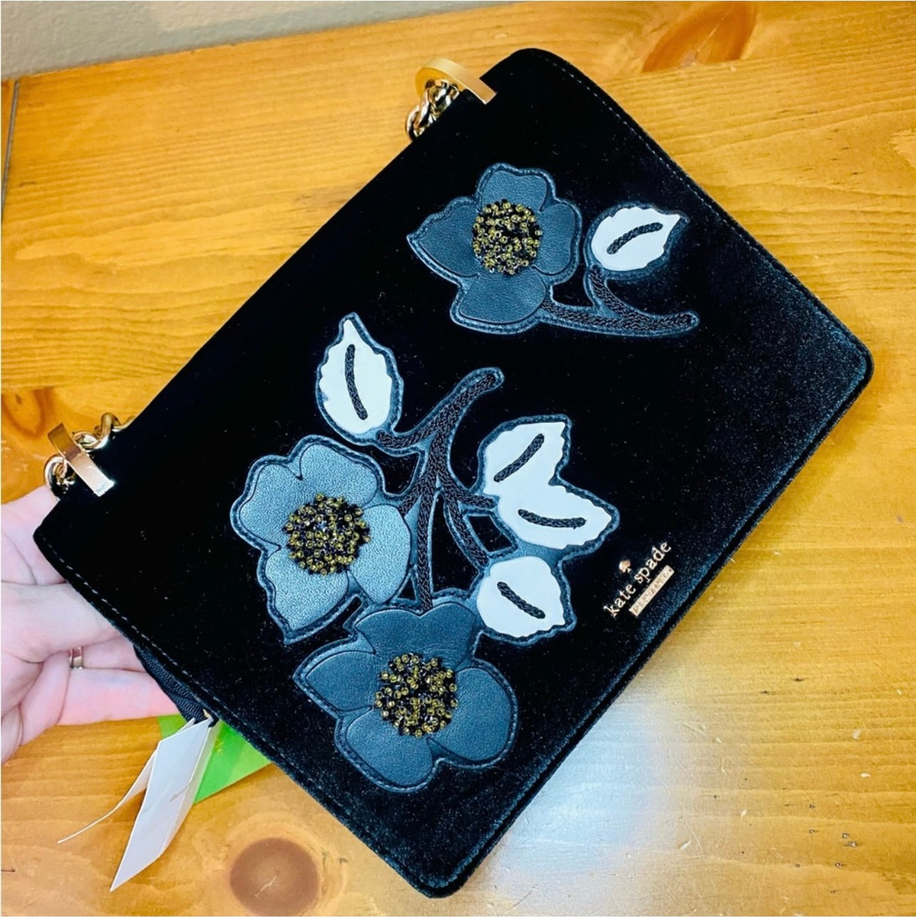 New Kate Spade New York Cameron St Floral Embellish Marci Black Velvet Crossbody Handbag