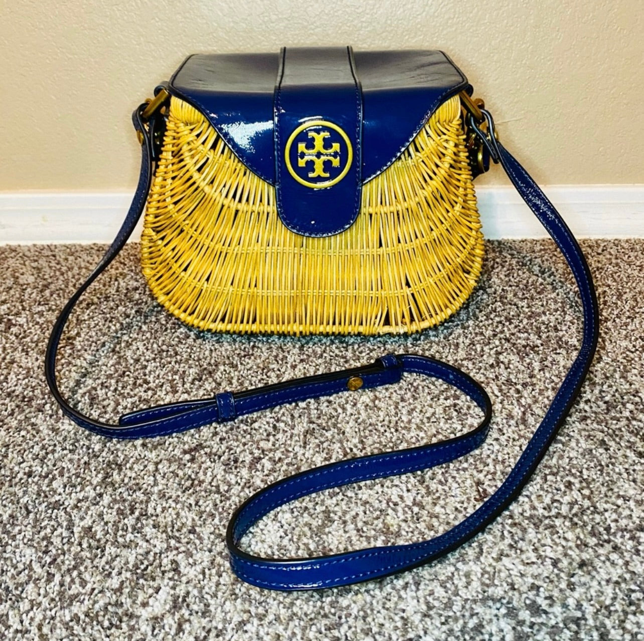 Tory Burch Navy Blue Patent Leather & Lacquered Rattan Basket Bag