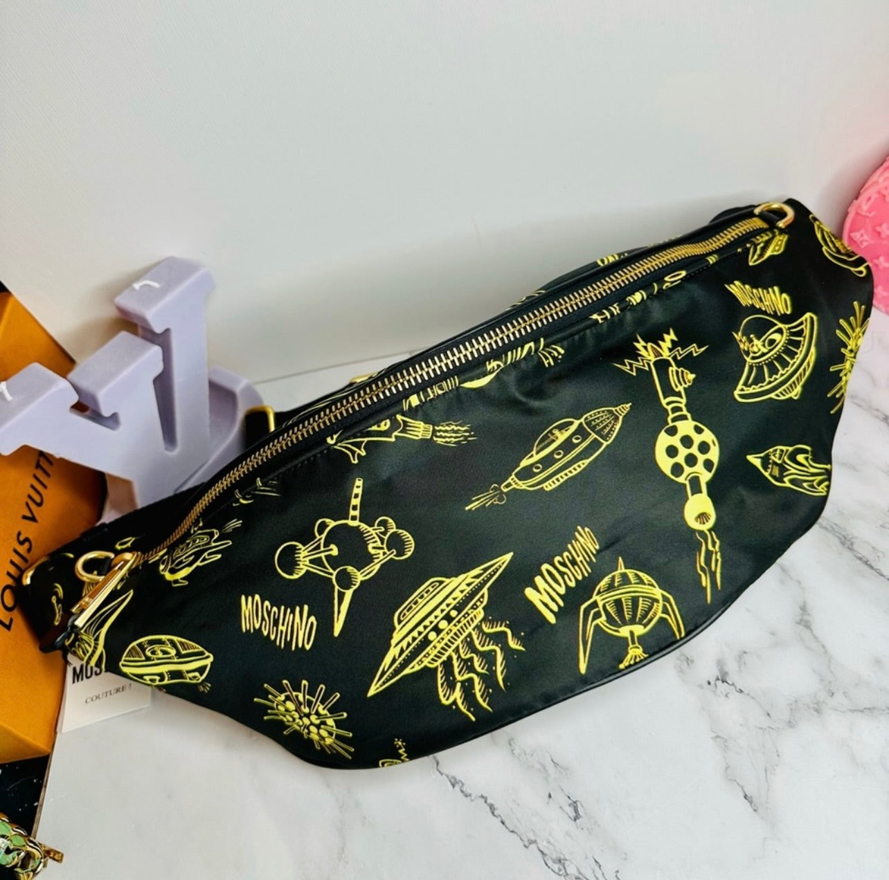 NEW! Moschino Black Nylon w/ Yellow Spaceship Print Oversized Belt Bag