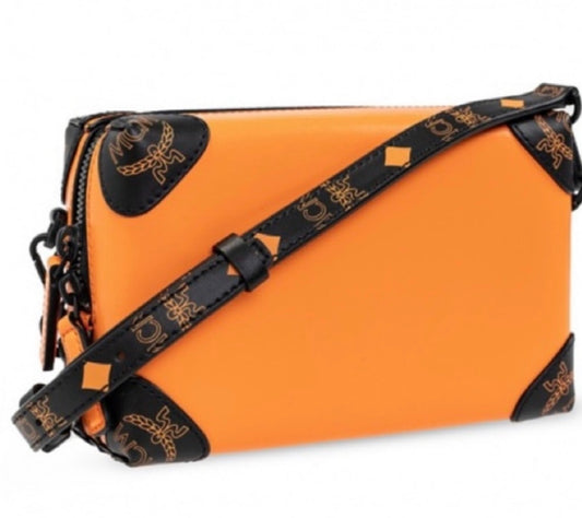 New MCM Persimmon Orange & Black Leather Berlin Soft Box Crossbody Bag