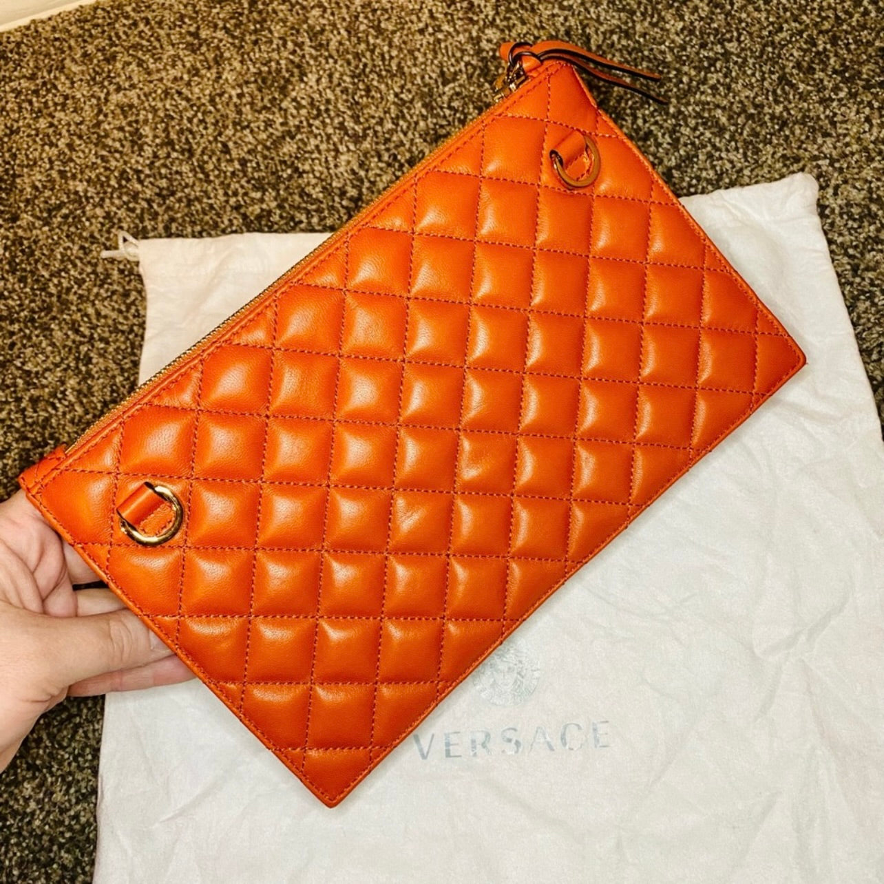 New Versace Quilted Dark Orange Lambskin Leather Small Crossbody Pouch