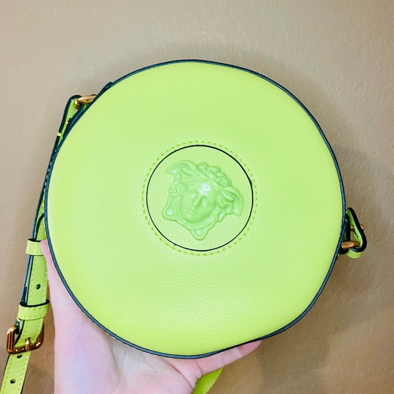 New Versace La Medusa Citron/Green Leather Disco Round Crossbody Bag