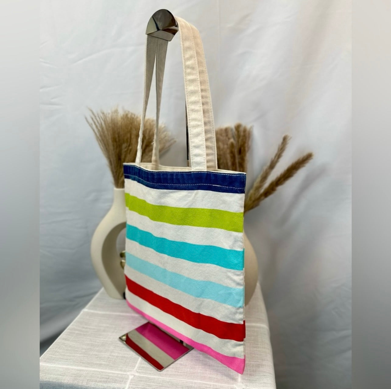 Kate Spade Heavy-duty Multi-Colored Stripes Cream Canvas Book Tote Bag
