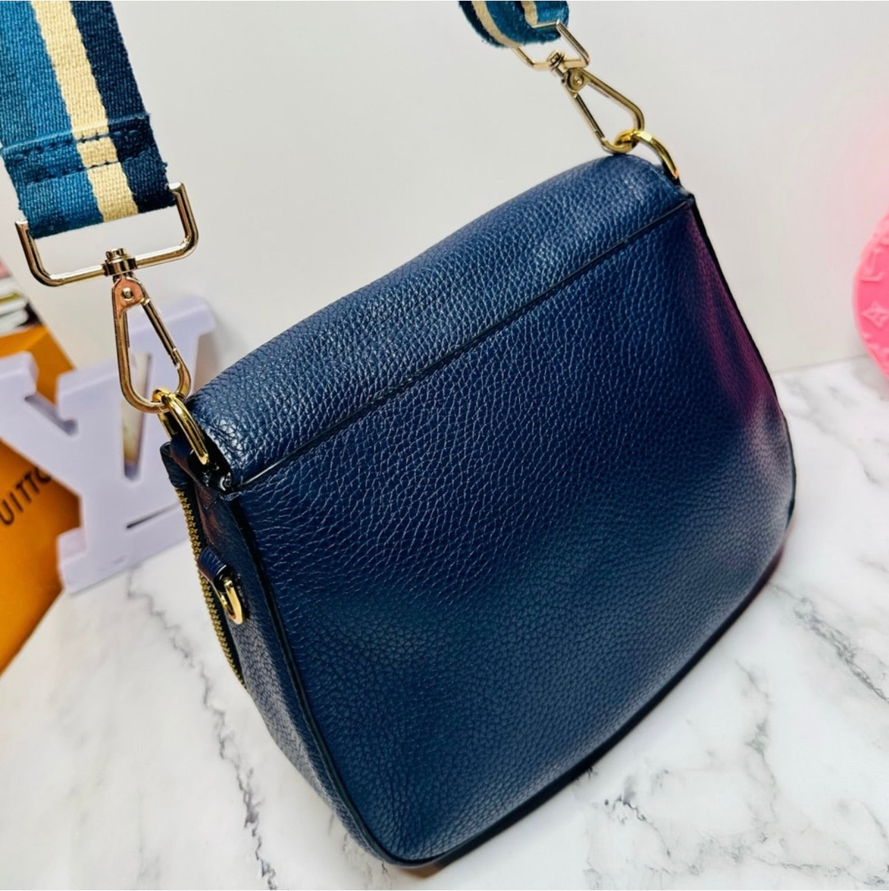 Marc Jacobs Small Navy Blue Pebbled Leather Gotham Saddle Bag