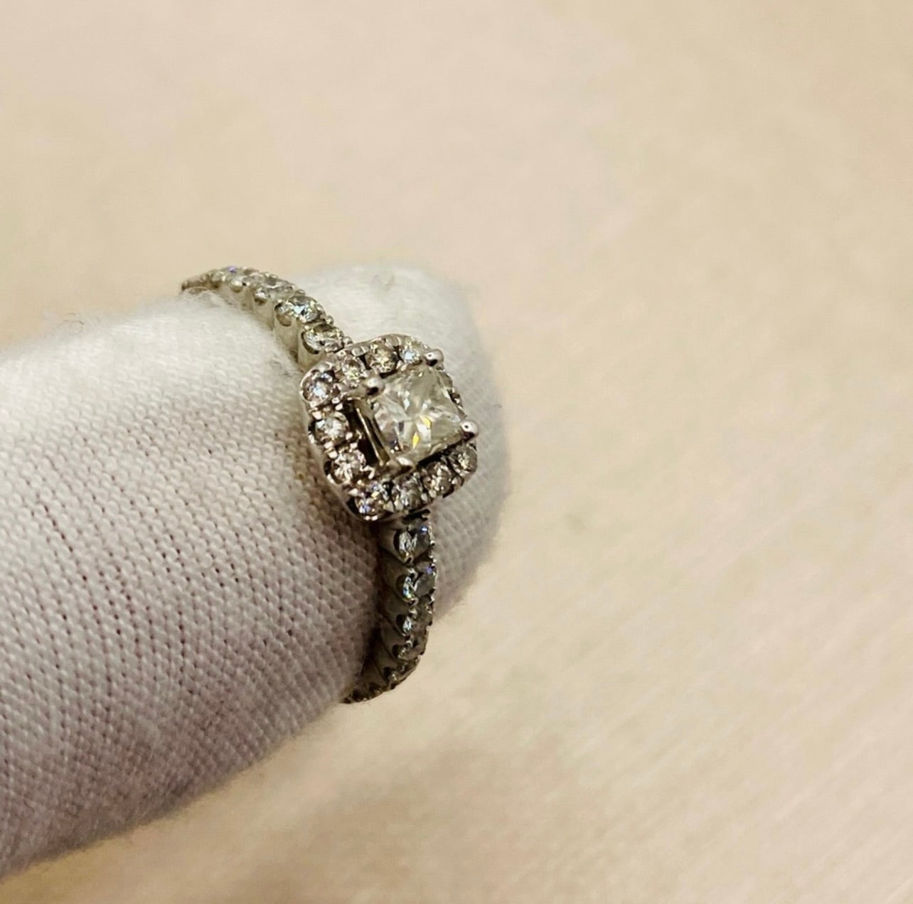 14k White Gold Halo Princess Cut Diamond Engagement Ring