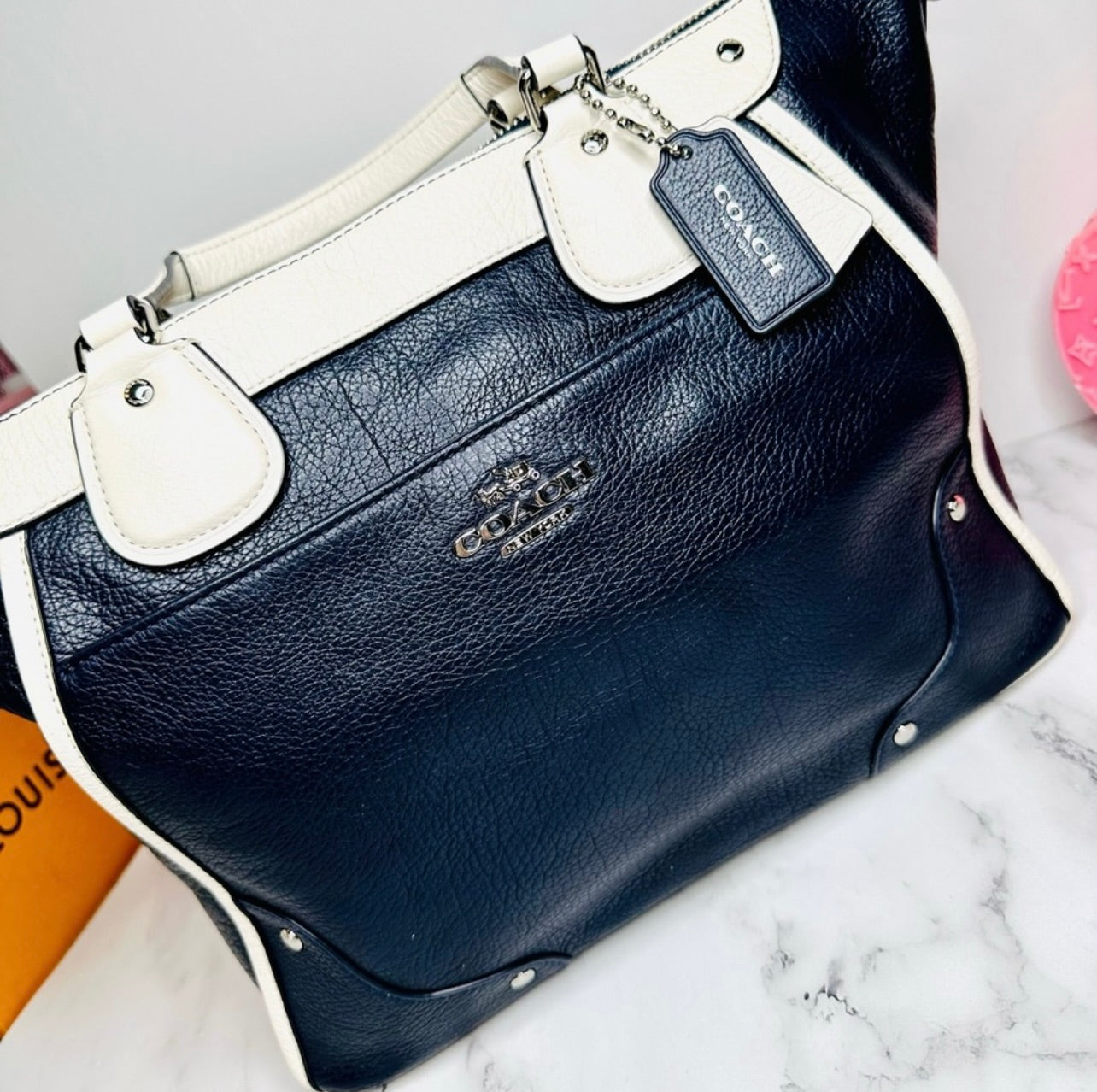 Coach Midnight Navy Blue & Chalk Spectator Leather Mickie Satchel