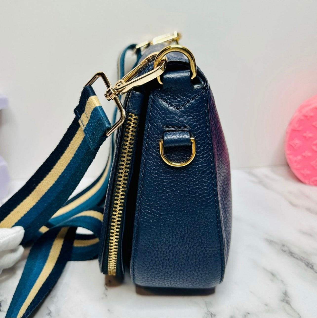 Marc Jacobs Small Navy Blue Pebbled Leather Gotham Saddle Bag