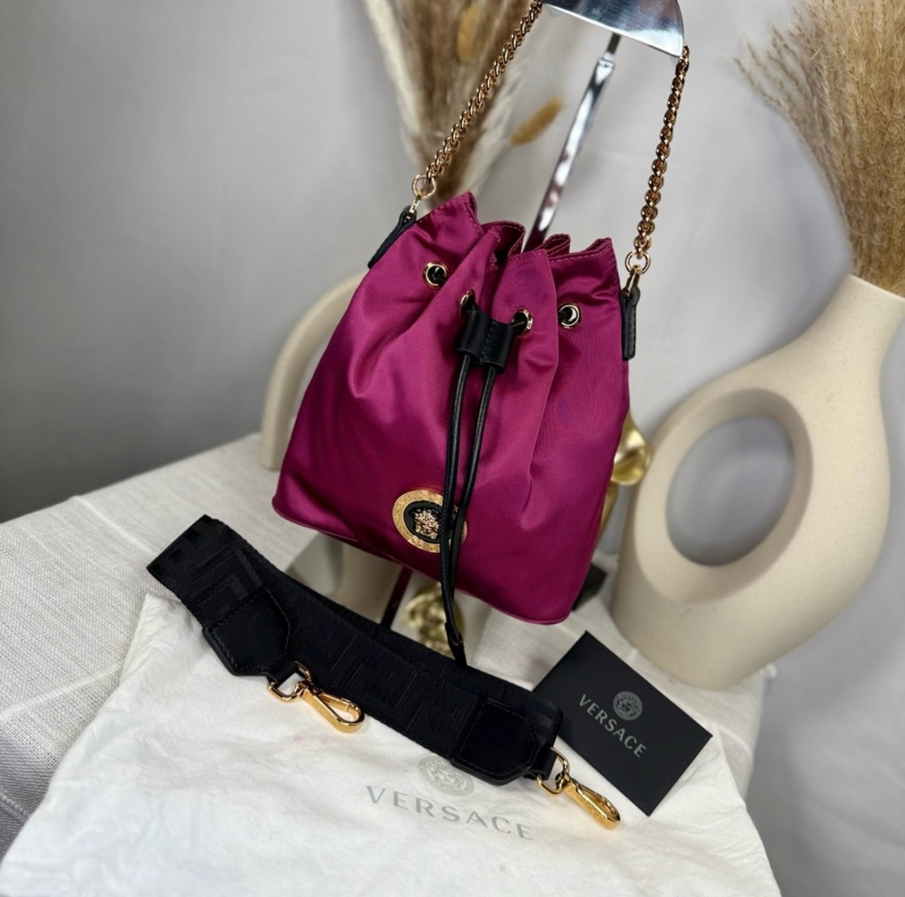 New Versace Deep Fuschia Nylon and Black Leather Drawstring Bucket Bag