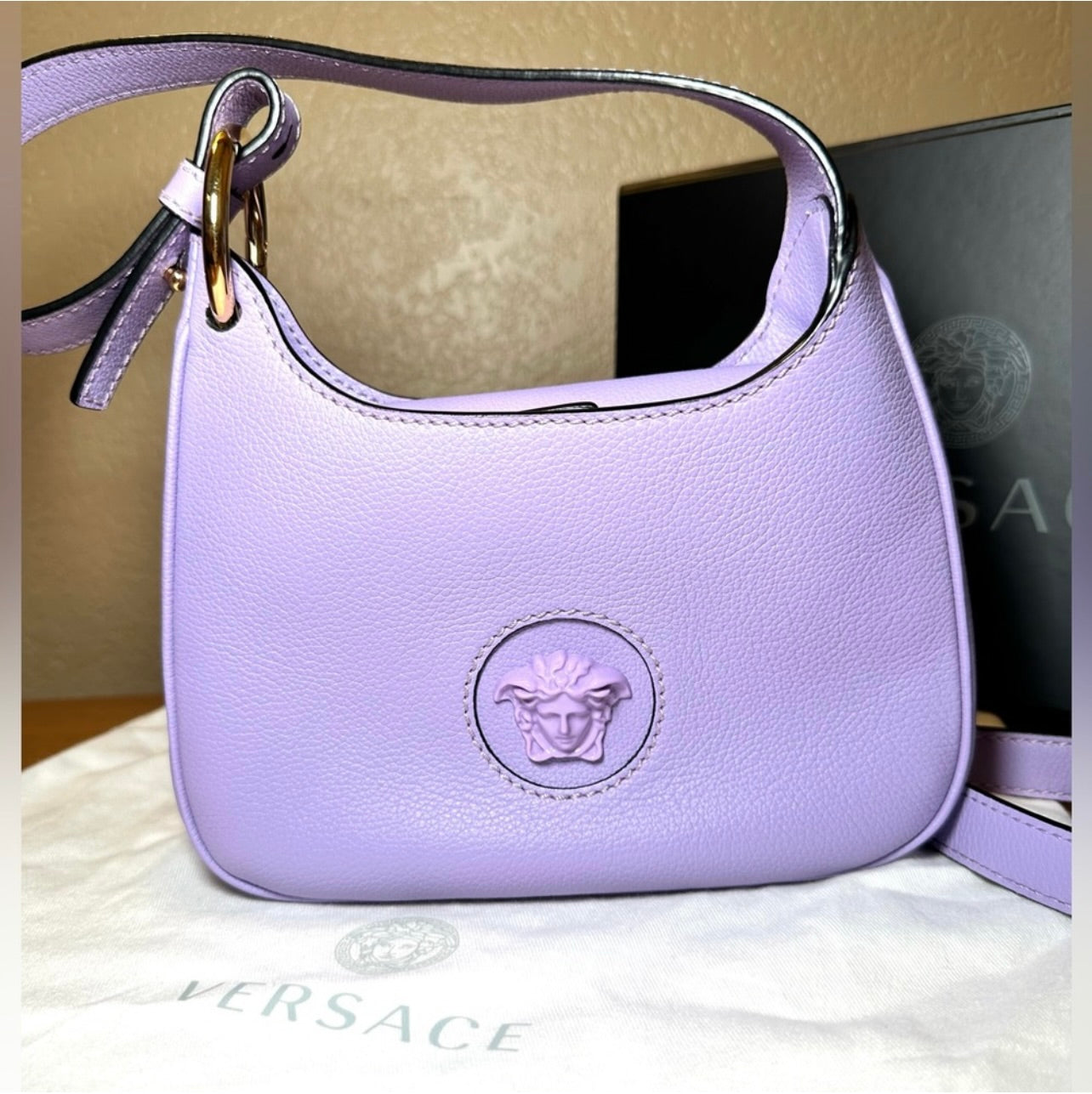 EUC Versace La Medusa Lilac Pebbled Leather Mini Hobo Bag