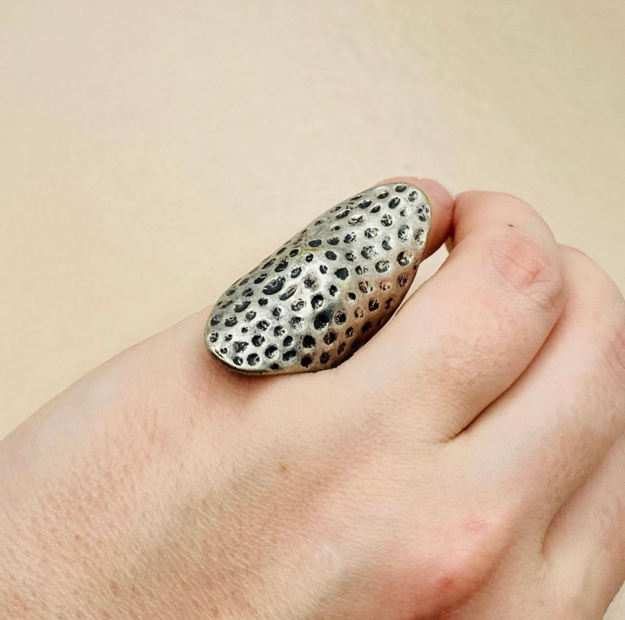 Vintage Handmade Texture Silver Long Armor Boho Statement Ring